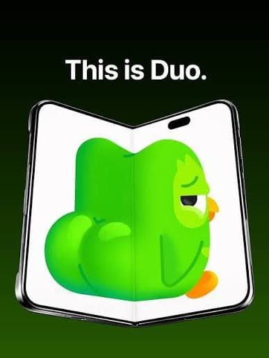 A foldable phone opened flat with a cartoon green owl across its screen, under the words This is Duo