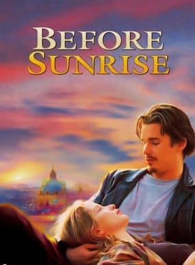 Before Sunrise poster: Jesse and Celine lying together under a sunset sky over Vienna