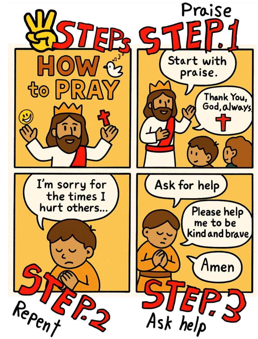 A four-panel comic titled How to Pray, in orange and yellow
