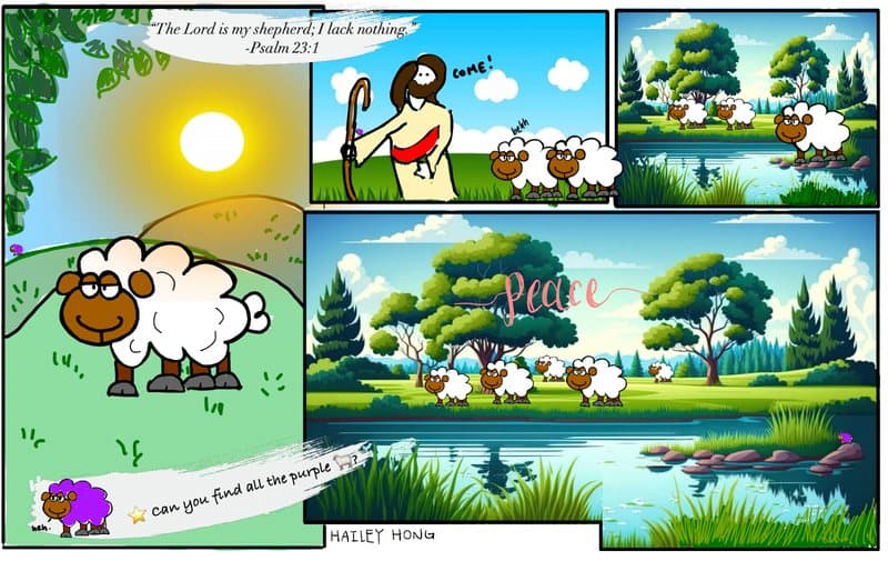An illustrated Bible-section panel of a shepherd and a flock of sheep