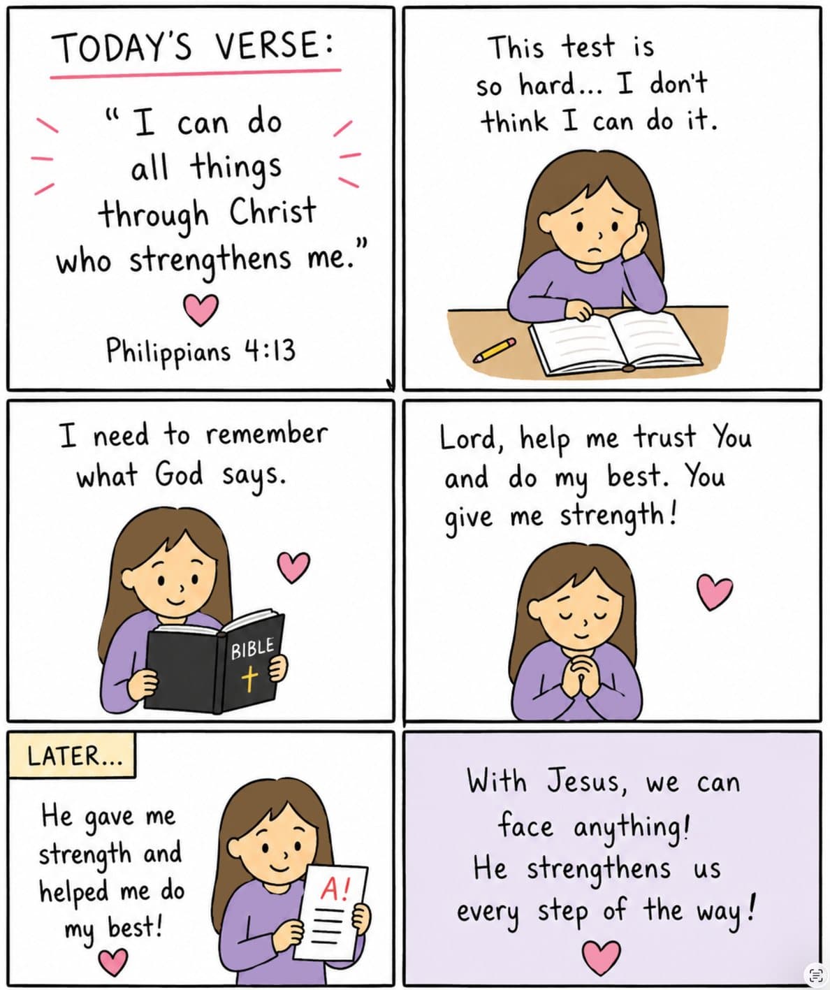 Six-panel comic: a student struggling with a test, praying, and finishing it with strength