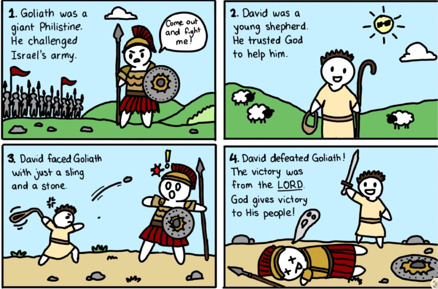 Four-panel comic: Goliath challenges Israel's army, David the shepherd trusts God, faces Goliath with a sling, and wins
