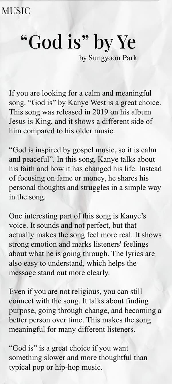 The Recommendations page carrying the music review