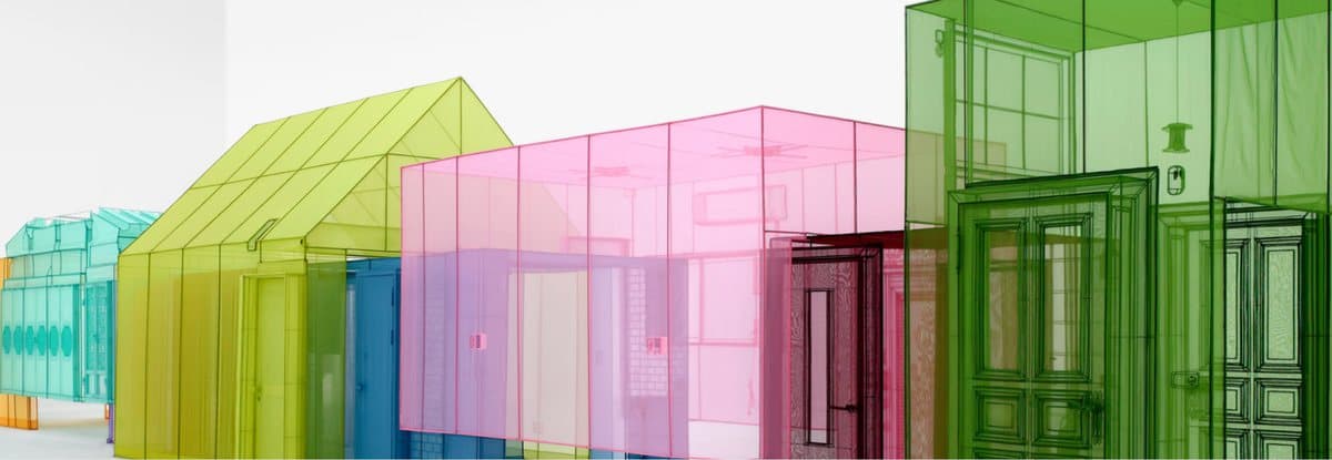 Do Ho Suh's translucent fabric rooms in teal, yellow, pink and green, standing side by side