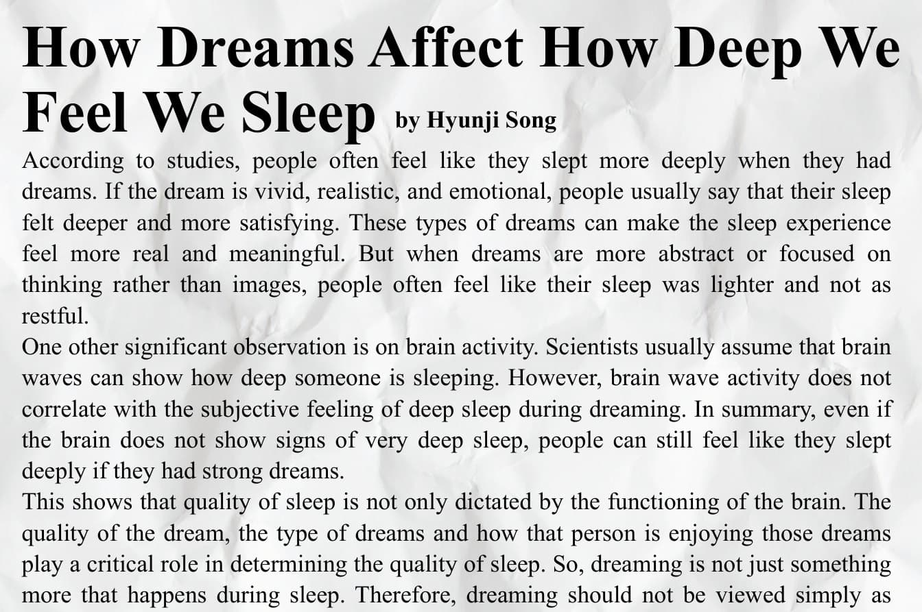 The printed page carrying the article on dreams and sleep depth