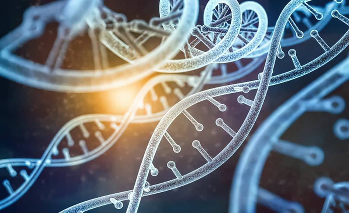 An illustrated DNA double helix rendered in blue