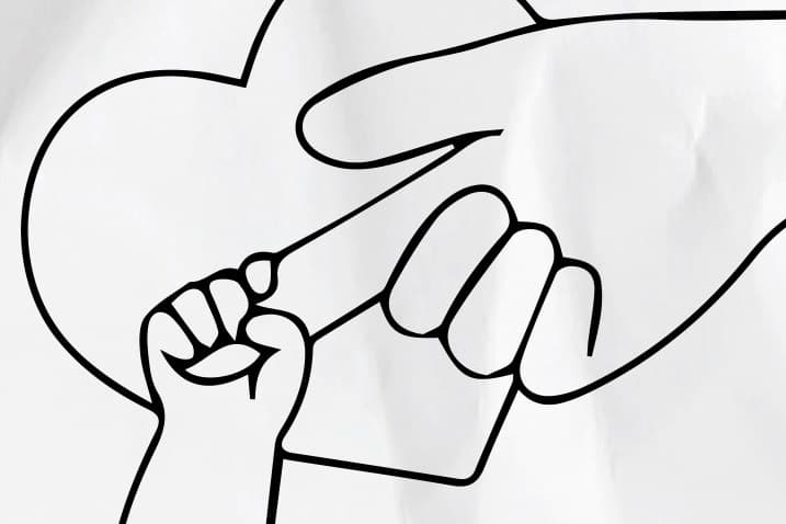 Line drawing printed with the essay: two hands linking little fingers inside a heart