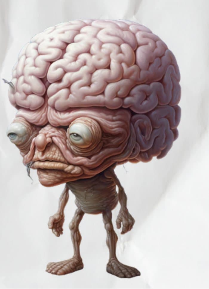 An illustrated creature with a giant wrinkled brain for a head