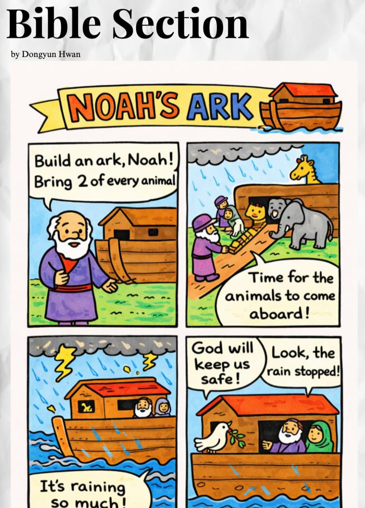 A drawn Bible-section page telling the story of Noah's Ark in panels