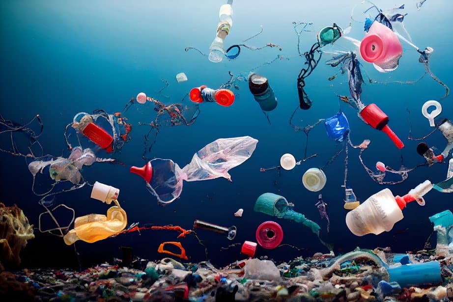 Plastic bottles and packaging floating underwater