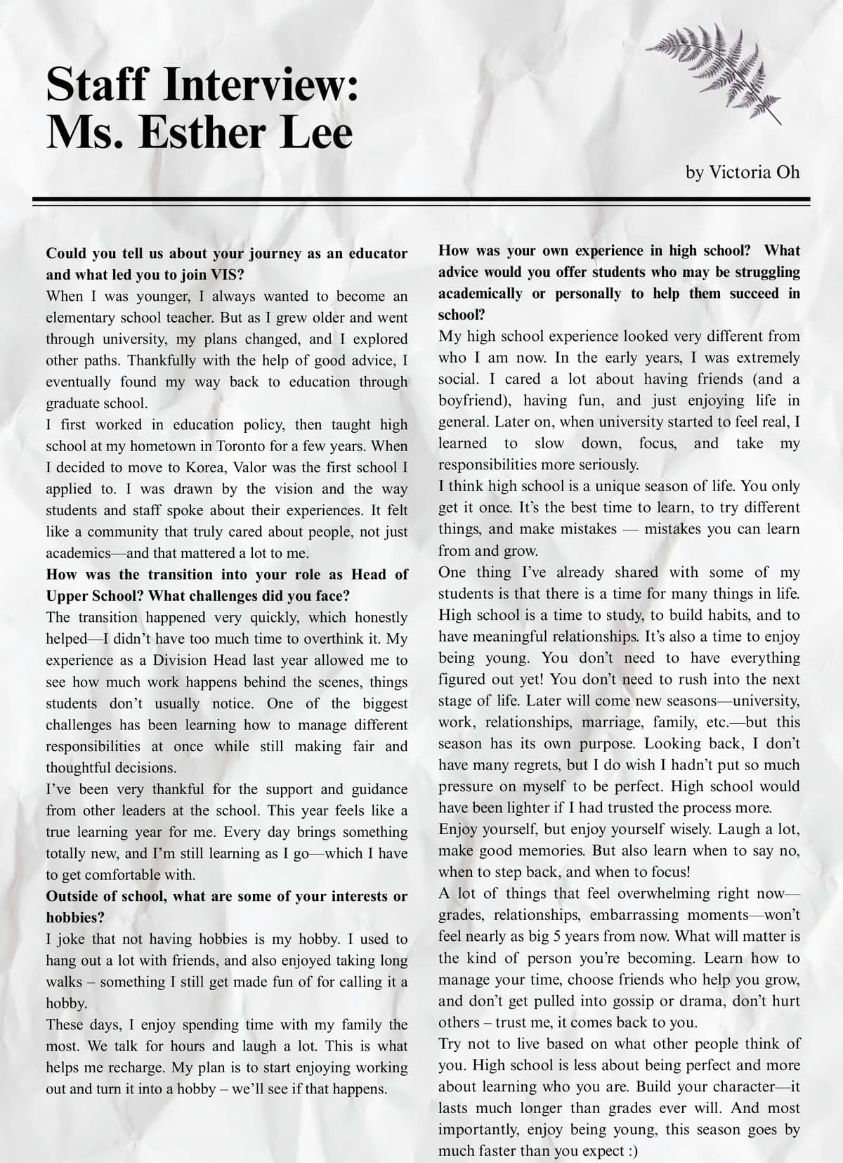 The staff interview page as printed in Volume 4, No. 3