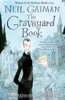 The cover of Neil Gaiman's The Graveyard Book, a boy and a tall pale man among gravestones