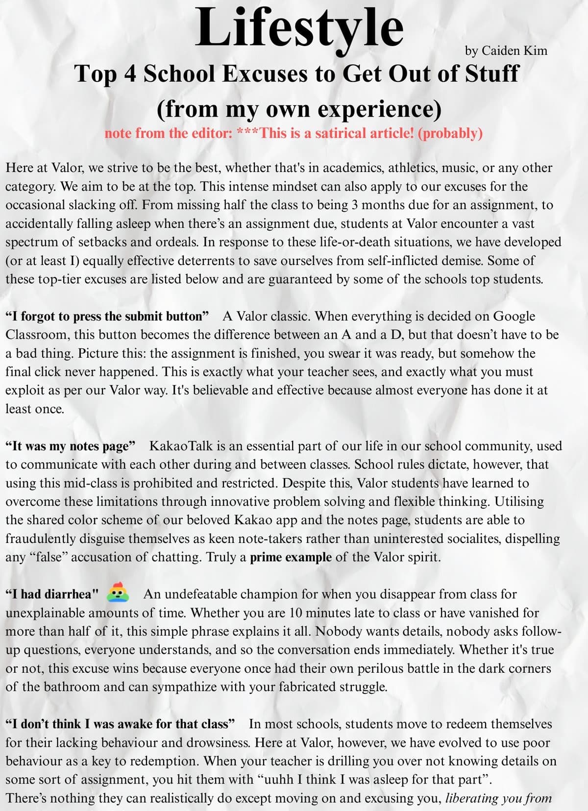 The Lifestyle page carrying the satirical guide to school excuses