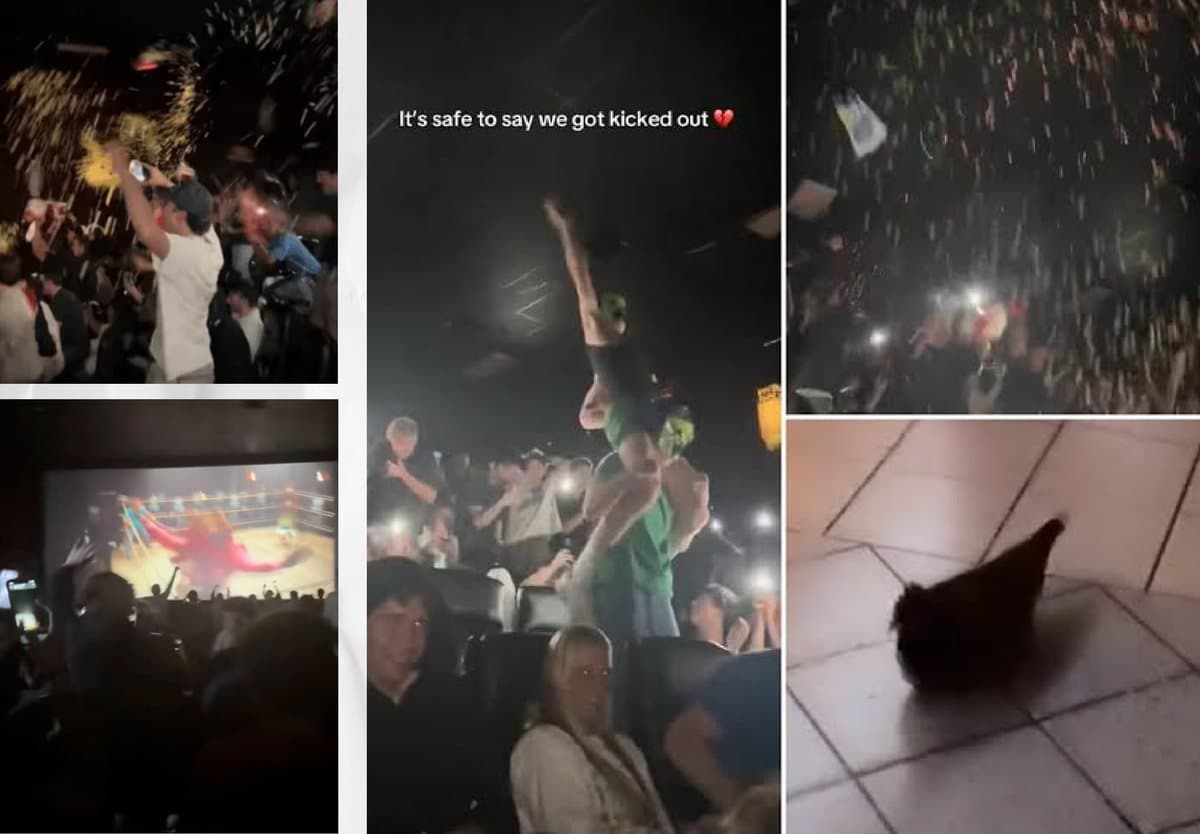A collage of phone clips of rowdy crowds in a darkened movie theater